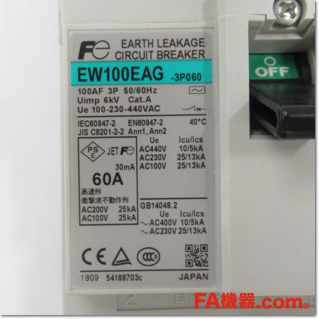 FA機器ドットコム / EW100EAG-3P060 漏電遮断器 3P 60A 30mA(富士電機